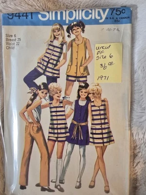 Vtg 1971 Child/Girls Simplicity Pattern 9441 Sz 6 Pants Dress Jumper Tunic Uncut - Image 1 of 2