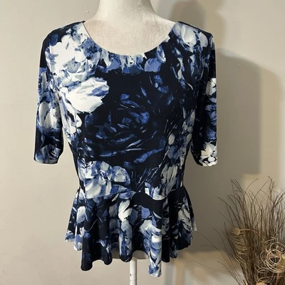 Vince Camuto женщин синий белый пеплум цветочный верхний сетки с подкладкой короткий рукав Sz L - Изображение 1 из 4
