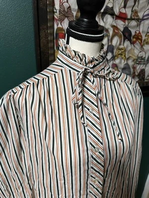 Vintage Womens M Medium Button Up Blouse Striped 70s 80s Ruffle Tie Neck Pleated - Image 1 of 4