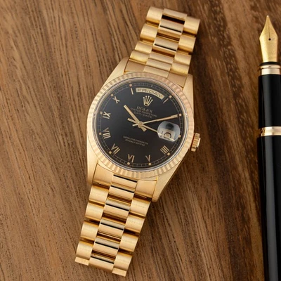 Rolex Day-Date 36 18238, Yellow Gold, Black Skinny Roman Dial, President Brac... - Image 1 of 4