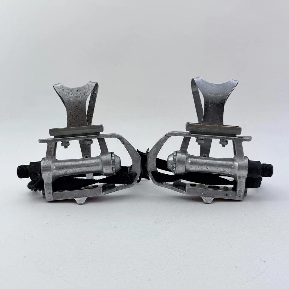 Vintage SR SP-155 Road Bike Pedals 9/16" Christophe Toe Clips Straps Silver A30 - Image 1 of 4