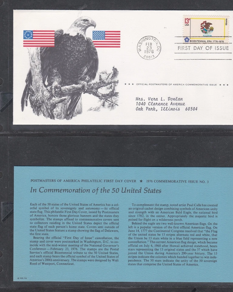 USA 1976 FIRST DAY COVER STATE FLAG ISSUE ILLINOIS + CARD + CACHET - Image 1 of 1