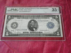 5.00 1914 Federal Reserve Note Philadelphia PMG 35 Choice Very Fine - Picture 1 of 3