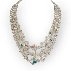 VTG THREE STRAND SIMULATED PEARL AND CLEAR AURORA BOREALIS RHINESTONE NECKLACE - Picture 1 of 4