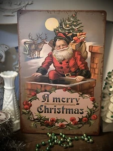 A Merry Christmas Santa Claus Vintage style Advertising Metal Sign 12" X 8” - Picture 1 of 23