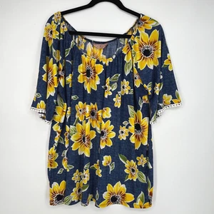 SJS donna 3X pullover maglia top denim blu audace stampa girasole spalle scoperte - Foto 1 di 9