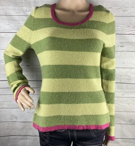 Talbots Pure Cashmere Sweater Medium Green Stripe Pink Trim Extra Soft Open Knit - Picture 1 of 12