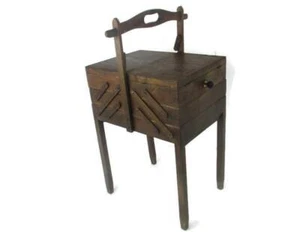 Großer Art Deco Torck Holz Nähkasten Korb Ständer signiert Torck Akkordeon - Bild 1 von 10
