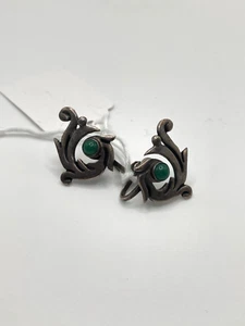 Sterling Silver Signed Mexico Vintage Screw Back Earrings Jade Geometric 1 Inch - Picture 1 of 5