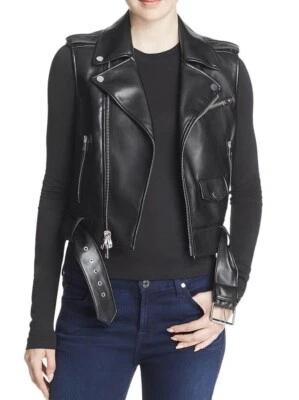 Theory S 小号摩托背心女式夹克黑色贝德福德人造皮革拉链 495 美元 — 第 1/4 张图片