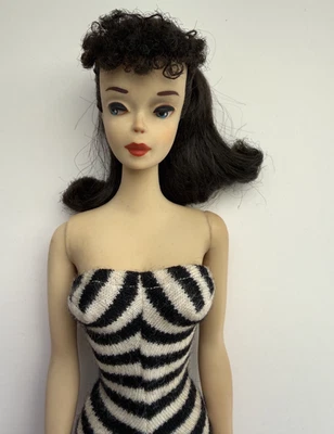 Vintage 1960s Barbie Doll Ponytail #3 Brunette, Brown Eyeliner, w/Zebra Swimsuit - Image 1 of 4