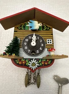 Vintage Wooden Small Mini 5" German Swiss Chalet Bird Hanging Cuckoo Clock W/Key - Picture 1 of 6