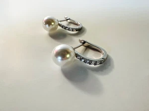 Silver Tone Set of White Pearl Style Hoop Earrings with Diamond Style Gem Stones - Picture 1 of 10