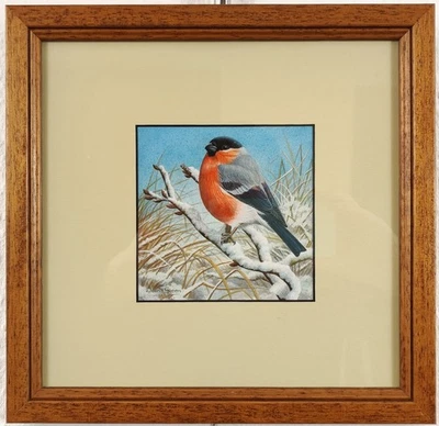 DENNIS GREEN ORIGINAL SIGNED BULLFINCH IN SNOW BIRD ART WATERCOLOUR PAINTING - Image 1 of 4