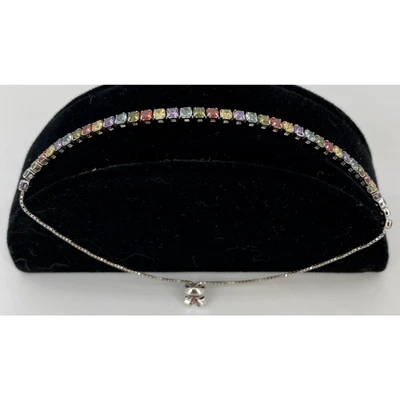 Sterling Silver 925 Lariat Tennis Bracelet w/ Multicolor Rainbow CZ Stones NEW - Image 1 of 4