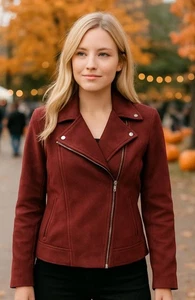 Old Navy Burgundy Faux Suede Moto Jacket Sm Chic Edgy City Girl Biker Streetwear - Picture 1 of 14