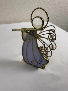 "Ángel de vitral púrpura claro tocando flauta metal ornamentado detalles vintage 5""T" - Imagen 1 de 5