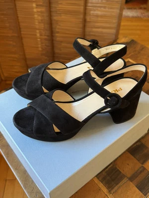 NIB $1200 PRADA Black Suede Strap Sandals Shoes -small platform COMFY! Sz 39 / 9 - Image 1 of 4