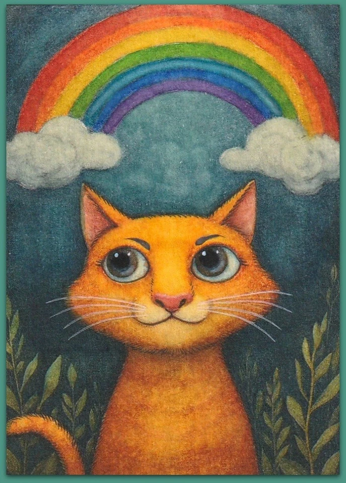 ACEO 2.5x3.5 watercolor painting - cat kitten rainbow fantasy surreal - Image 1 of 1