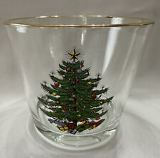 Vintage Mid Century Glass Ice Bucket Dish Christmas Motif with Gold Rim