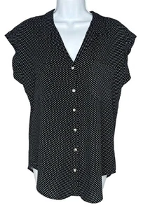 Jach's Girlfriend Women's Short Sleeve Button Up Blouse /Top Black & Ivory Small - Picture 1 of 9