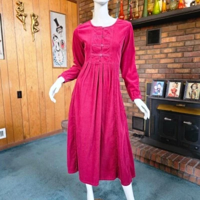 Vtg 80s Homespun Wine Corduroy Cotton Modest Country Prairie Button Dress S/M - Image 1 of 4