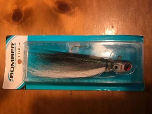 Bomber Flair Hair Jig 5” 1.5 Oz Thread Fin Shad Jig  Black/ Grey/White /3D Eyes - Picture 1 of 10