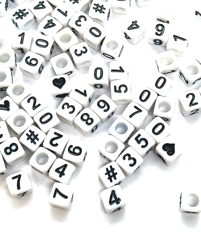 6mm cube white acrylic beads 50/100pcs single number, heart, #; mixed numbers - Image 1 of 3