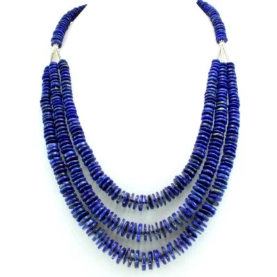 925 SOLID STERLING SILVER NECKLACE NATURAL LAPIS LAZULI GEMSTONE BEADED JEWELRY - Image 1 of 3