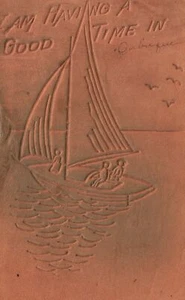 I Am Having A Good Time in Boating River Birds Artwork Leather Vintage Postcard - Picture 1 of 2