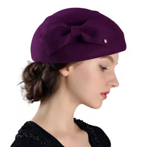 Women Purple Wool Felt French Berets Hat Bowler Fedora Cloche Church Hats Caps - Picture 1 of 8