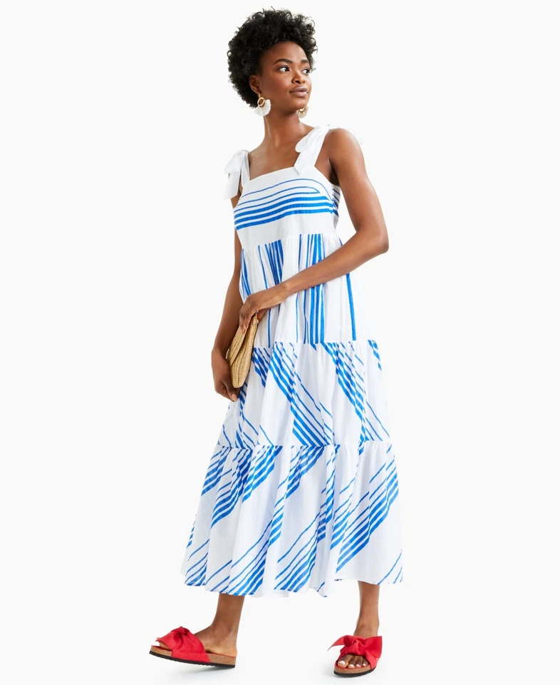 $130 Charter Club Striped Tie-Shoulder Tiered Midi Dress White Petite Petite - Image 1 of 1