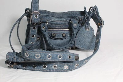 Balenciaga Bag Girly Allover Denim Shoulder Bag Crossbody Top Handle wMirror Set - Image 1 of 4