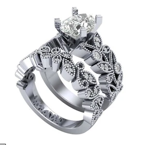 Bridal Band Ring Set & Trio His & Her Simulated Diamond 14K  White Gold Plated - Picture 1 of 7