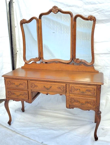 Vtg Country French Tiger Oak Vanity / Dressing Table / Console Table with Mirror Cover