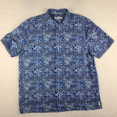Tommy Bahama Dress Shirt Mens XL Blue Aztec Geometric Silk Hawaiian Button Up EC - Image 1 of 4