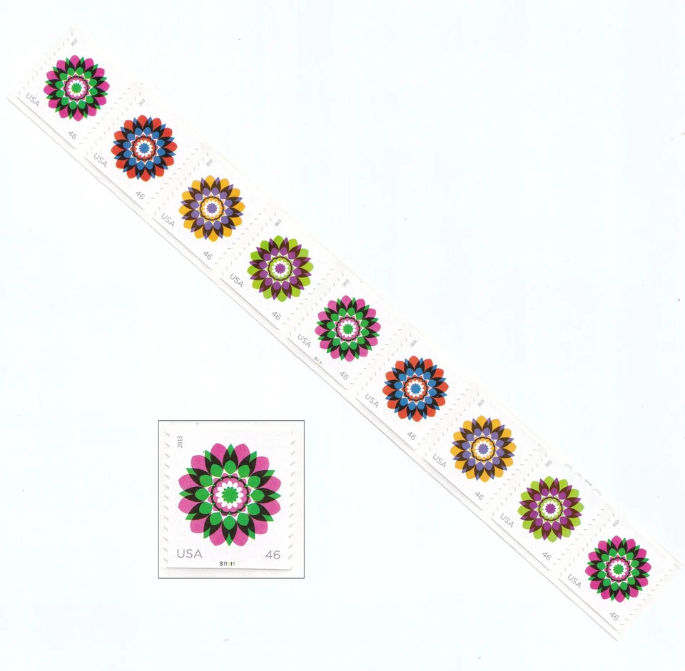 US # 4722-25 / 4725a Kaleidoscope Flowers 46c (2013) - P# Coil Strip of 9 Stamps - Image 1 of 3