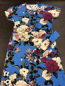 Marly Lularoe Dress New Belt Knee Length Unicorn Blue Blush Roses 🌹 Large 12+ - Picture 1 of 10