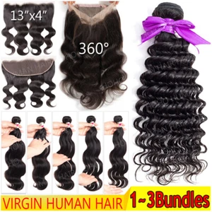 Free Part Lace Closure Brazilian 100% Virgin Human Hair 3Bundles/300g Deep Wave - Picture 1 of 25