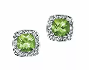 Peridoto y Diamante Tuerca Pendientes 9k Oro Blanco Contraste Británico Hecho - Imagen 1 de 3