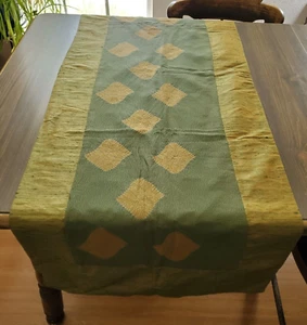Thai Silk Look Table Runner Hand Dyed Olive Green 88x22" Diamond Pattern Border - Picture 1 of 5