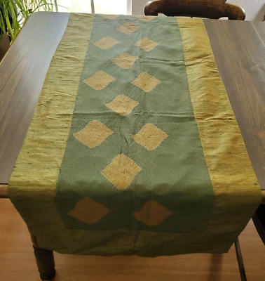 Thai Silk Look Table Runner Hand Dyed Olive Green 88x22" Diamond Pattern Border - Image 1 of 4