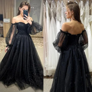 Gothic Black Wedding Dresses Beaded Puff Sleeve Off Shoulder Beaded Bridal Gowns - Picture 1 of 10
