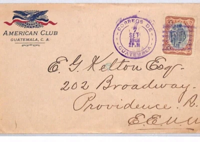 GUATEMALA Cover *AMERICAN CLUB* Eagle Vignette 1908 Rhode Island USA YS327 - Image 1 of 4