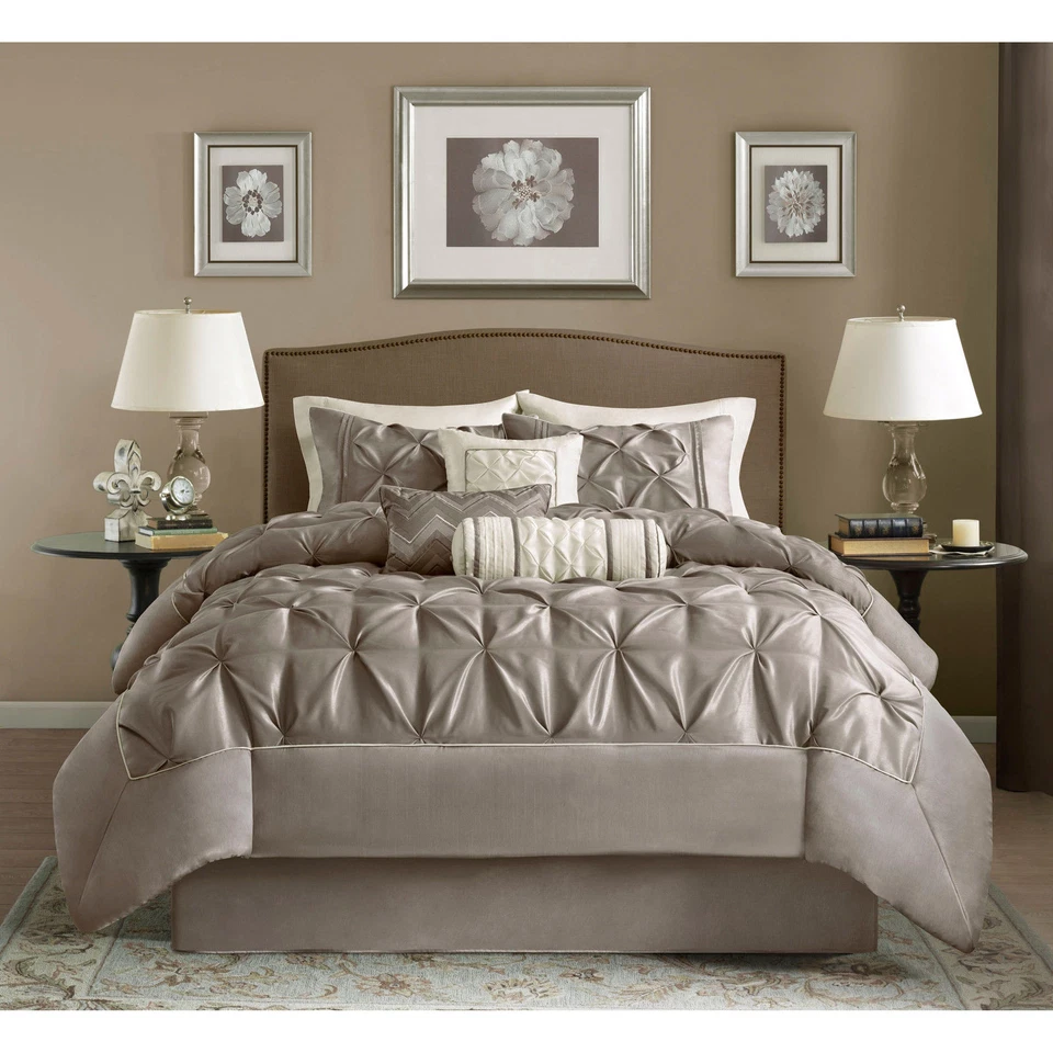 QUALITY BEAUTIFUL TAUPE IVORY WHITE BEIGE BROWN TAN PINTUCK TUFTED RUFFLE COMFORTER SET