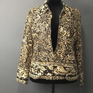 RQT Jacket Womens 14 Black Gold Floral Linen Blend Zip Front Lined Blazer Boho - Picture 1 of 12