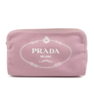 PRADA Logo Canapa Canvas Cosmetic Pouch Makeup Bag Pink 1NA693 Auth Used F/S - Picture 1 of 23