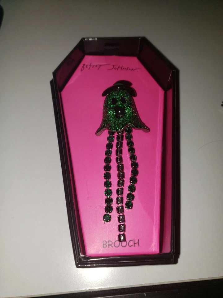 Betsey Johnson 绿色幽灵女巫胸针万圣节绿色水晶闪光新品 — 第 1/1 张图片