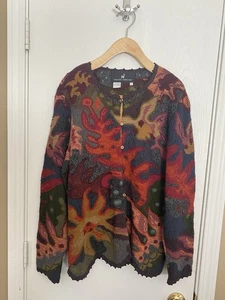 Vintage Peruvian Connection Funky Fantasy Floral Alpaca Cardigan Size L Handmade - Picture 1 of 9