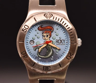 Vtg ROXY QUICKSILVER Mermaid Watch Women 1990s Date Silver Tone NEW BATTERY - image 1 of 4
